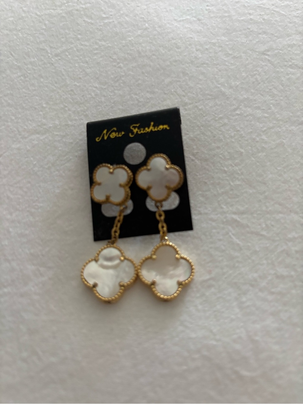 Gold-Tone White Mother-of-Pearl Clover Drop Earrings -